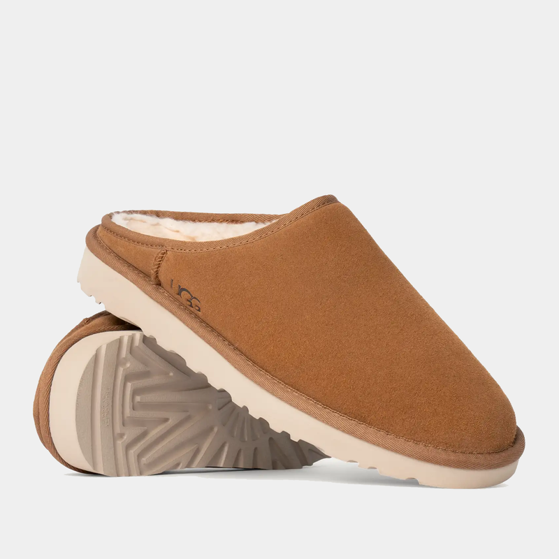 UGG Classic Slip-On shoes in chestnut brown with soft wool lining and beige textured outsole, angled stack view.