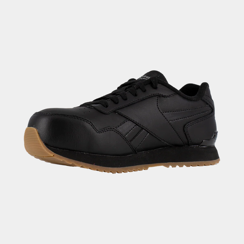 Reebok Work Classic Work Sneaker in black with leather upper, padded collar, and slip-resistant gum outsole, side view.
