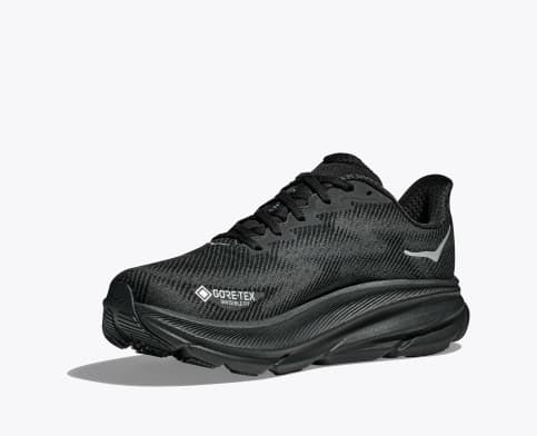 HOKA Clifton 9 GTX running shoes in black with a Gore-Tex waterproof upper and cushioned midsole, side angled view.