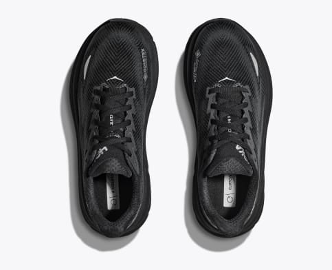 HOKA Clifton 9 GTX running shoes in black with waterproof Gore-Tex upper and lightweight design, top view showing lace system and mesh details.