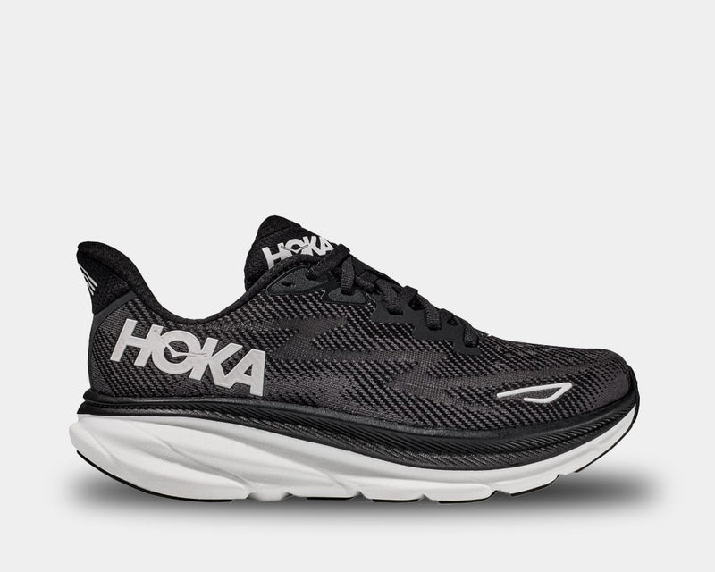 HOKA Clifton 9 running shoes in black with mesh upper, cushioned midsole, and lightweight design, side view.