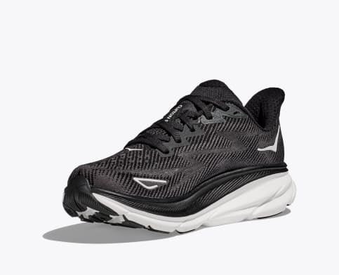 HOKA Clifton 9 running shoes in black with a breathable mesh upper, cushioned midsole, and white outsole, angled side view.
