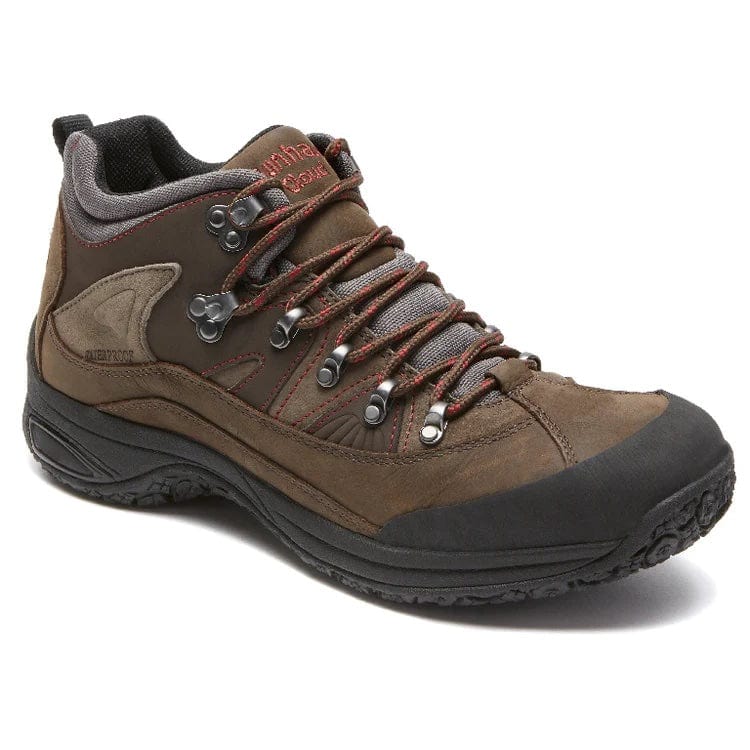 Dunham Cloud Boots hiking boots in brown leather with red stitching, metal eyelets, and black rubber toe guard, side view.