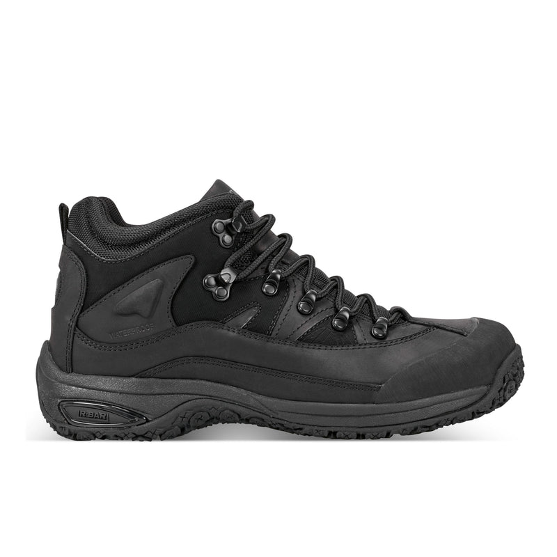 Dunham Cloud Boots in black, featuring a waterproof leather and synthetic upper, durable lace system, and rugged outsole, side view.