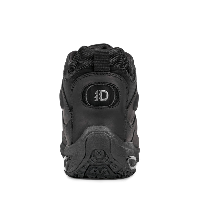 Dunham Cloud Boots back view showing black leather and mesh upper with embossed logo and rugged rubber outsole.