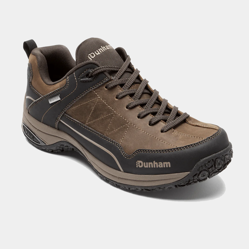 Dunham Cloud Plus Lace Up Waterproof Trekker shoes in brown with leather upper, rugged outsole, and lace-up closure, front side view.