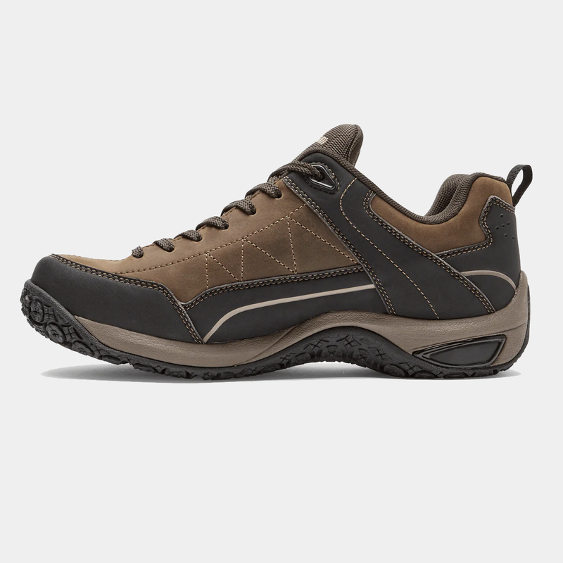 Dunham Cloud Plus Lace Up Waterproof Trekker shoes in brown with black accents, durable suede upper, and rugged outsole, side view.