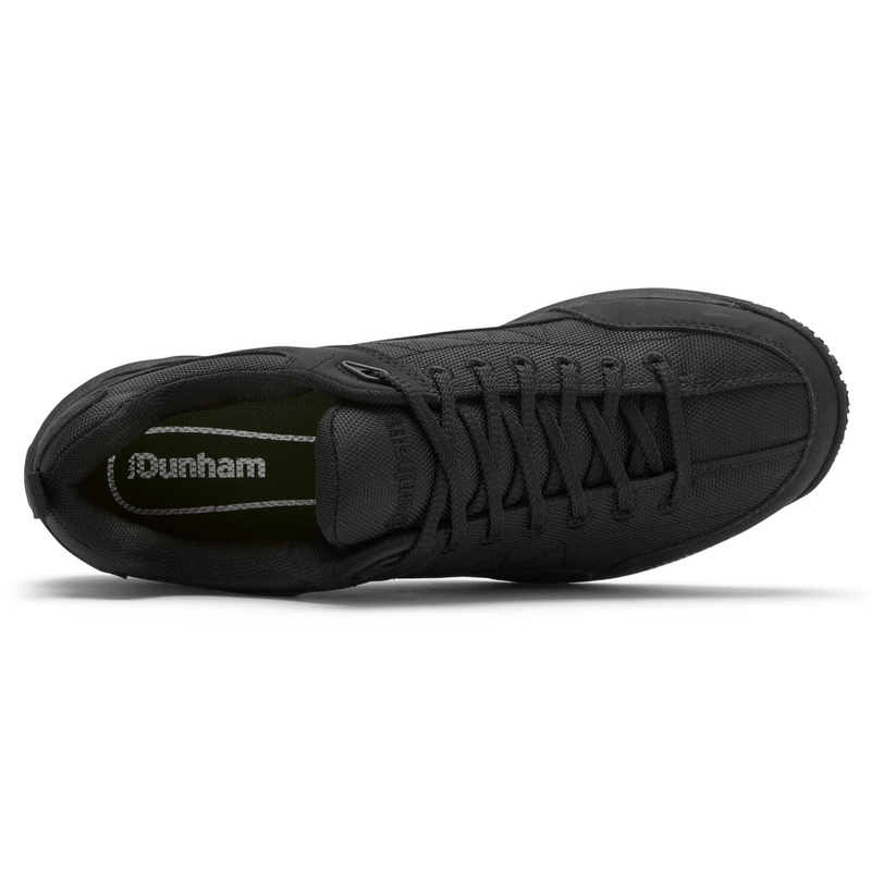 Dunham Cloud Plus Lace Up Waterproof Trekker shoes in black with durable mesh upper and lace-up design, top view.