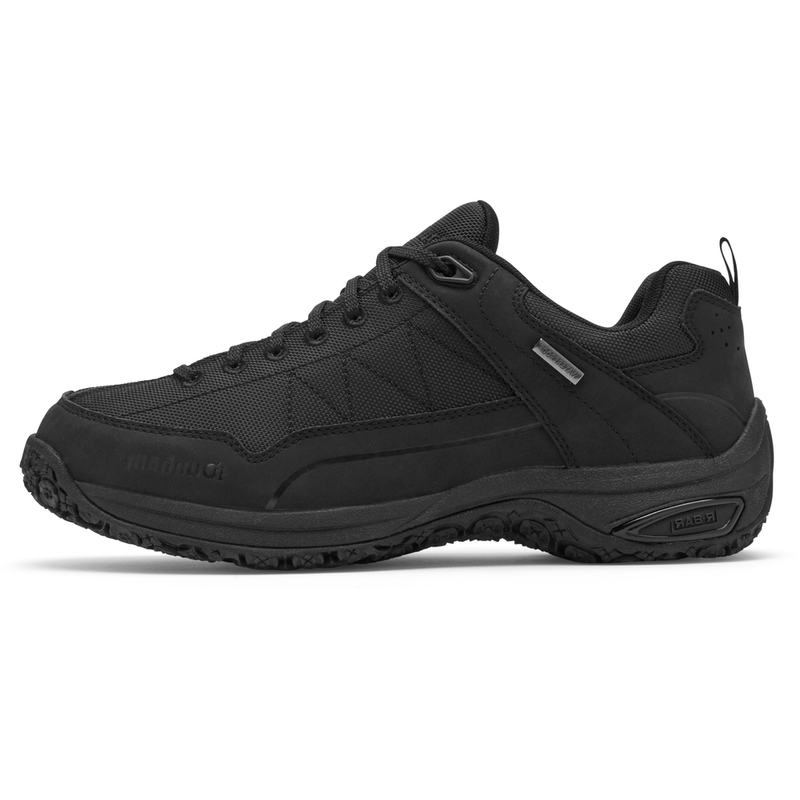 Dunham Cloud Plus Lace Up Waterproof Trekker shoes in black with durable leather and mesh upper, side view.