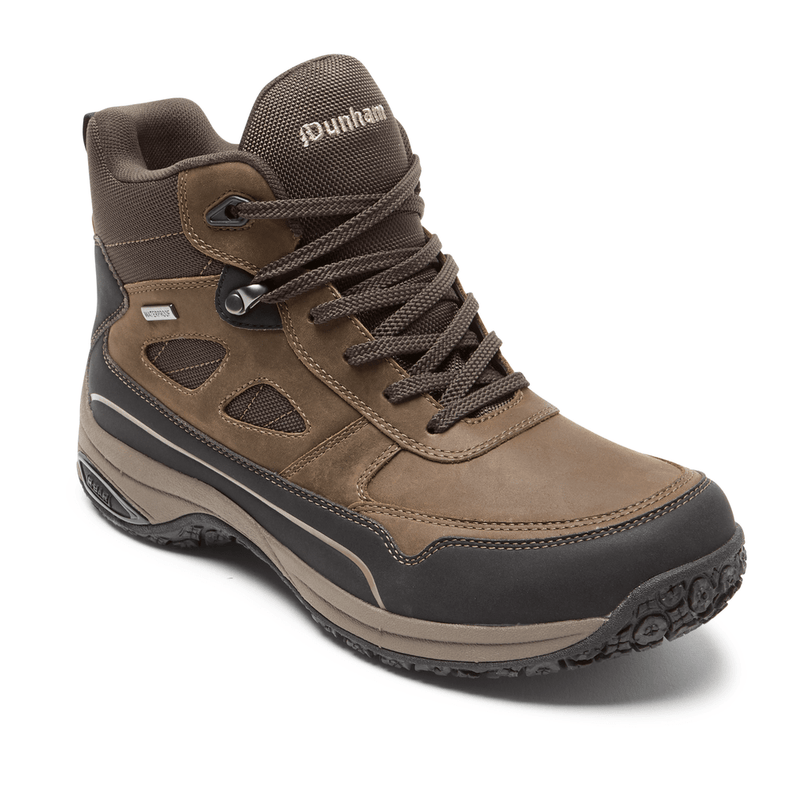 Dunham Cloud Plus Mid II hiking boots in brown leather and mesh with waterproof construction, front side view.