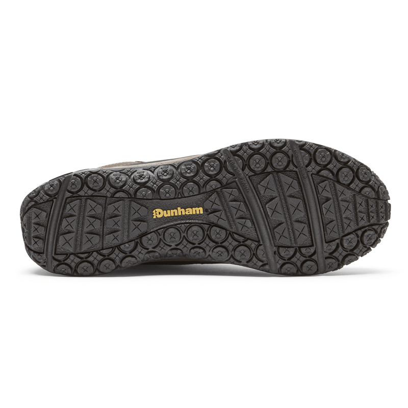 Dunham Cloud Plus Mid II hiking boots outsole with durable black rubber tread pattern and yellow branding, sole/bottom view.