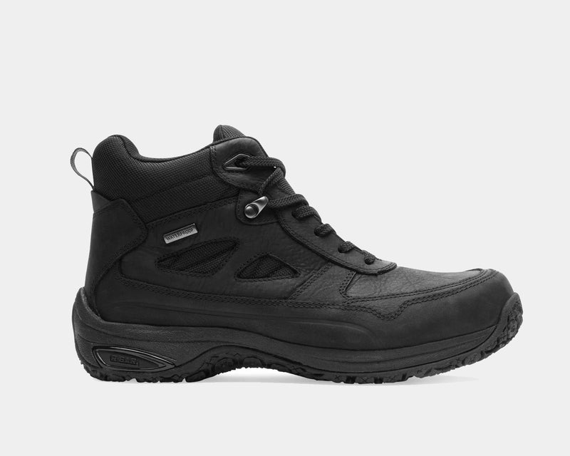 Dunham Cloud Plus Mid II hiking boots in black with waterproof leather upper, rugged outsole, and durable lace system, side view.