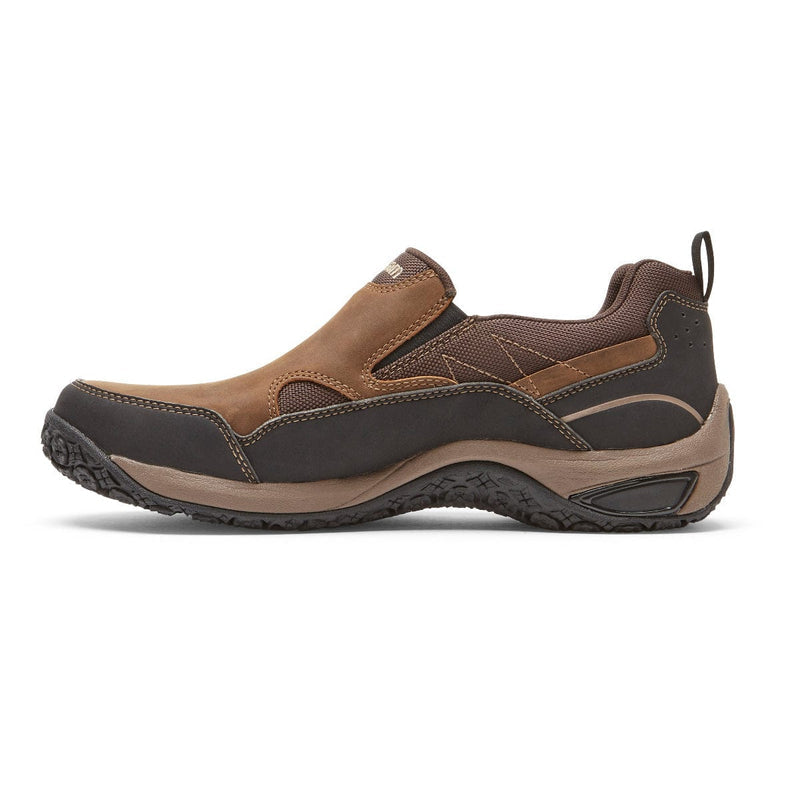 Dunham Cloud Plus Waterproof Slip-On shoes in brown and black with durable rubber sole and pull tab, side view.