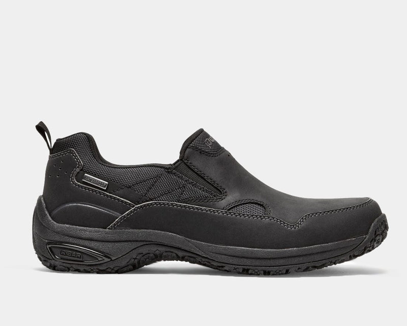 Dunham Cloud Plus Waterproof Slip-On shoes in black with a leather upper, mesh panels, waterproof construction, and rugged outsole, side view.
