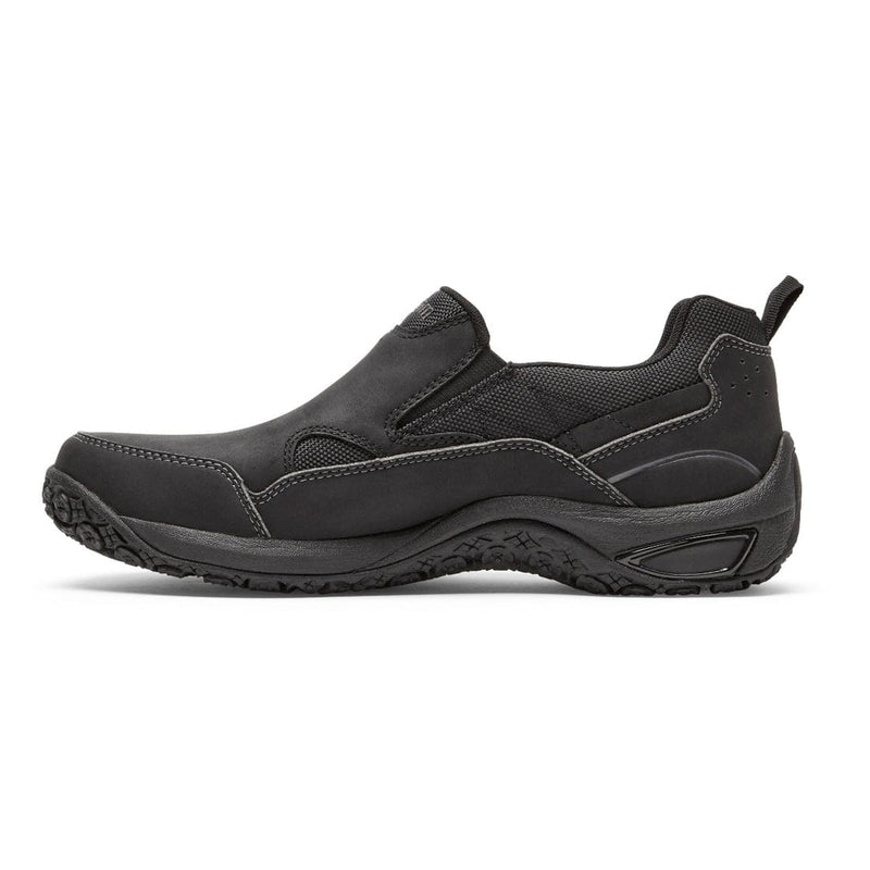 Dunham Cloud Plus Waterproof Slip-On shoes in black with leather upper, mesh panels, and rugged slip-resistant outsole, side view.