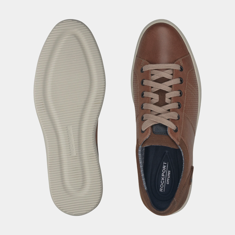 Rockport Colle Tie casual shoes in brown leather with perforated side panels and beige laces, top and sole views.