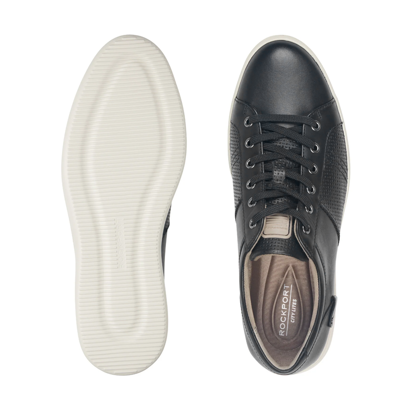 Rockport Colle Tie casual shoes in black leather with perforated details, lace-up closure, and white outsole, top and sole view.