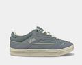 Vans Colson shoes in dusty blue with suede and mesh upper, white laces, and cream textured midsole, side view.
