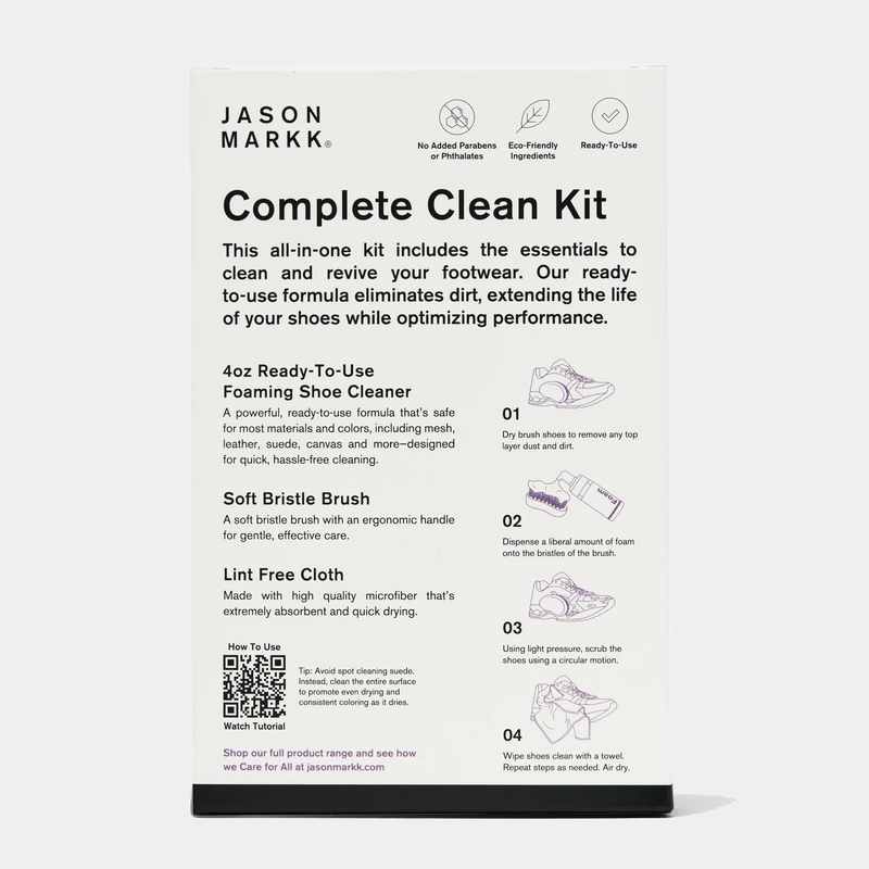 Jason Markk Complete Clean Kit featuring 4oz foaming shoe cleaner, soft bristle brush, and lint-free microfiber cloth, front view showing package details.