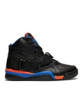 Ewing Athletics CONCEPT OG PE sneakers in black leather with orange and blue accents and midfoot strap, side view.