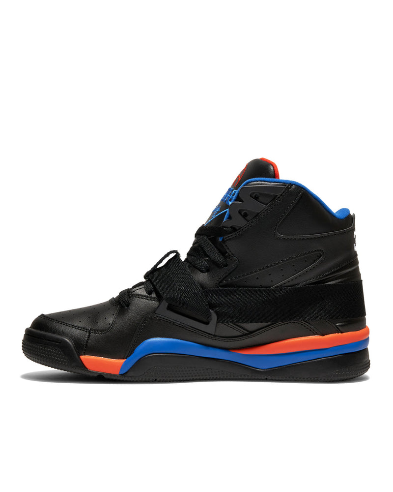 Ewing Athletics CONCEPT OG PE sneakers in black with blue and orange accents, padded collar, and midfoot strap, side view.