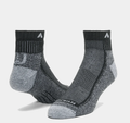 Wigwam Cool-Lite Hiker Quarter socks in black and gray with cushioned heel and toe, breathable mesh panels, angled display.