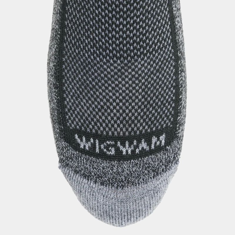 Wigwam Cool-Lite Hiker Quarter socks in gray and black with breathable knit pattern and reinforced toe box, top view.
