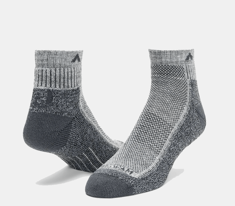 Wigwam Cool-Lite Hiker Quarter socks in gray with ribbed cuff, cushioned heel, and breathable mesh texture, front side angle.