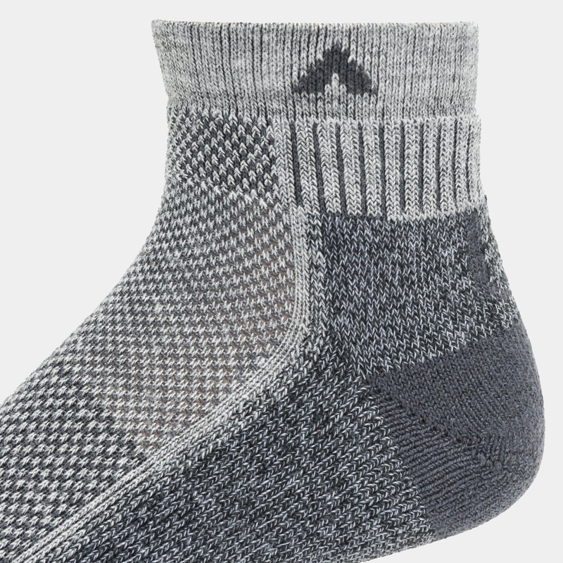 Wigwam Cool-Lite Hiker Quarter socks in gray with textured knit fabric and ribbed cuff, side view showing breathable design.