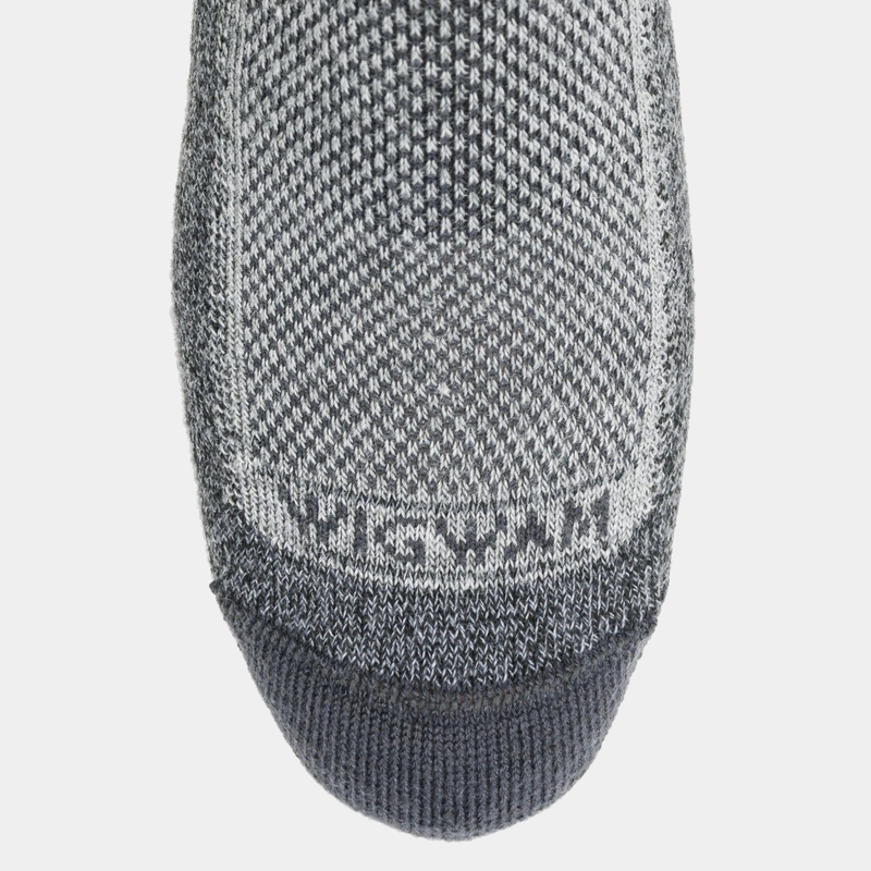 Wigwam Cool-Lite Hiker Quarter socks in gray with reinforced toe and breathable knit pattern, top view.
