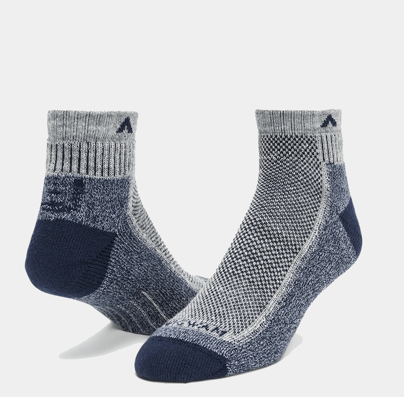 Wigwam Cool-Lite Hiker Quarter socks in gray and navy with cushioned footbed and breathable mesh panels, side view.