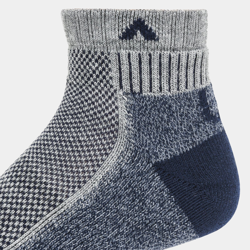 Wigwam Cool-Lite Hiker Quarter socks in navy blue and gray with textured knit design and ribbed cuff, side view.