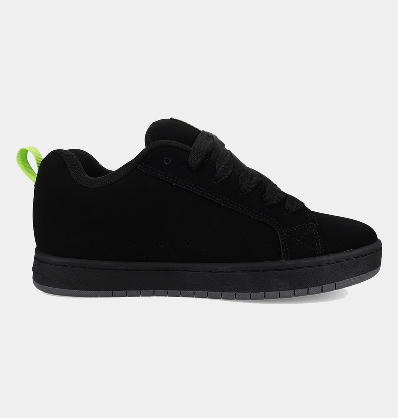 DC Footwear Court Graffik shoes in black suede with tonal laces, neon green heel pull tab, and padded collar, side view.