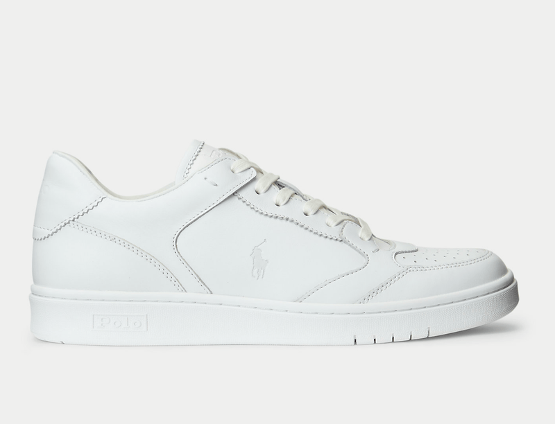 Polo Ralph Lauren Court Lux sneakers in white leather with embossed logo detail and perforated toe box, side view.