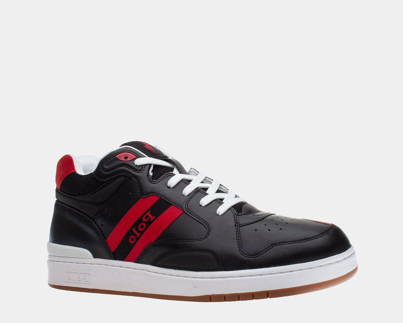 Polo Ralph Lauren Court Mid sneakers in black, red, and white leather with perforated toe box, side logo detailing, and white sole, side view.