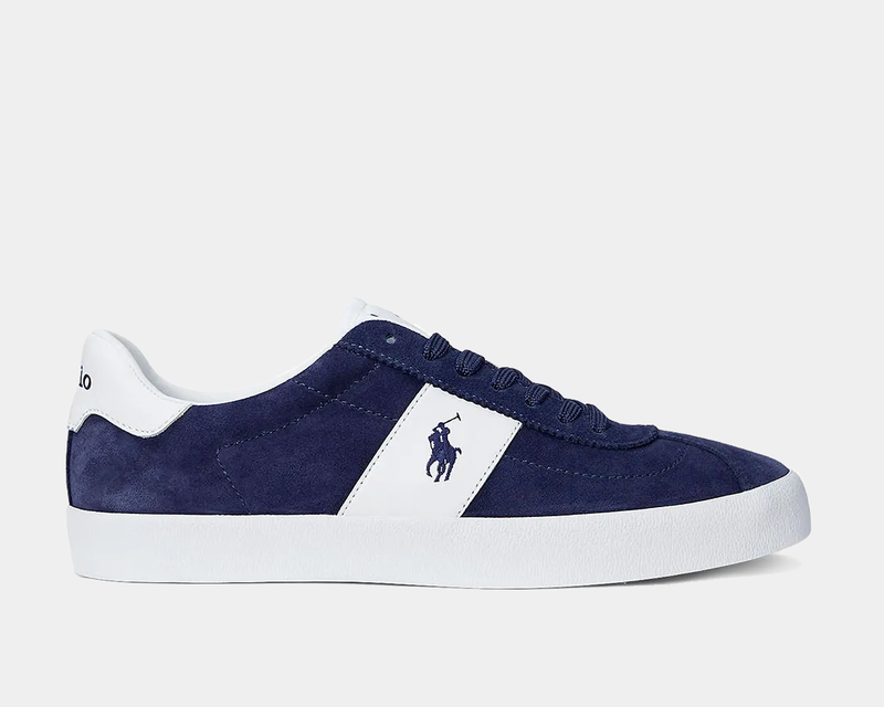 A navy and white striped suede sneaker with a white sole.