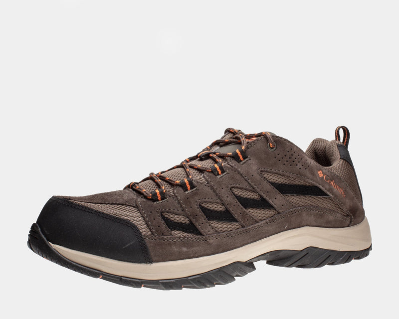Columbia Crestwood Low hiking shoes in brown suede with mesh panels, orange accents, and durable rubber outsole, side view.