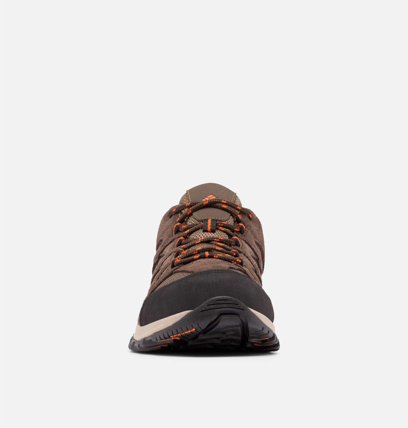 Columbia Crestwood Low hiking shoes front view in brown with orange laces, mesh upper, and durable rubber toe cap.