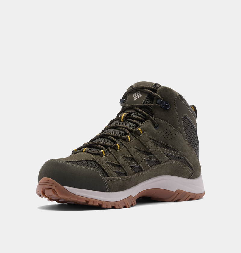 Columbia Crestwood Mid Waterproof hiking boots in olive green with yellow accents, suede and mesh upper, front angled view.