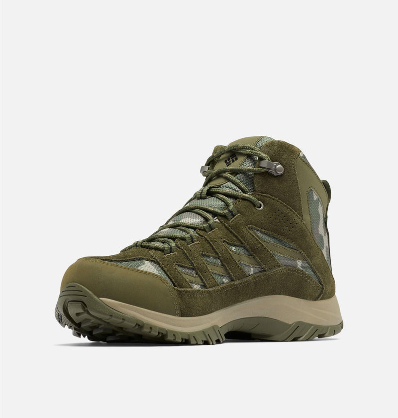 Columbia Crestwood Mid Waterproof hiking boots in olive green with suede overlays, mesh panels, and durable rubber sole, front side view.