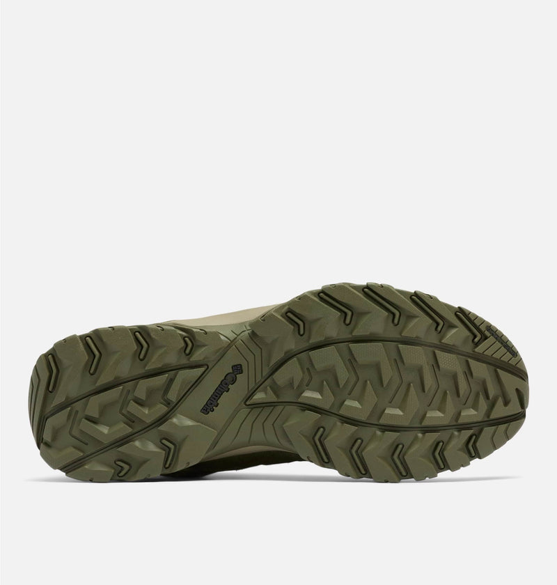 Columbia Crestwood Mid Waterproof hiking boots outsole with rugged traction pattern in olive green rubber.