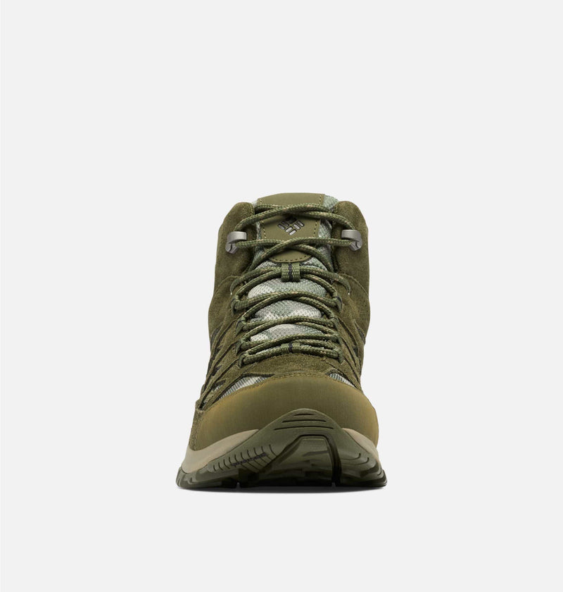 Columbia Crestwood Mid Waterproof hiking boots in olive green with mesh and suede upper, front view showing laces and toe cap.