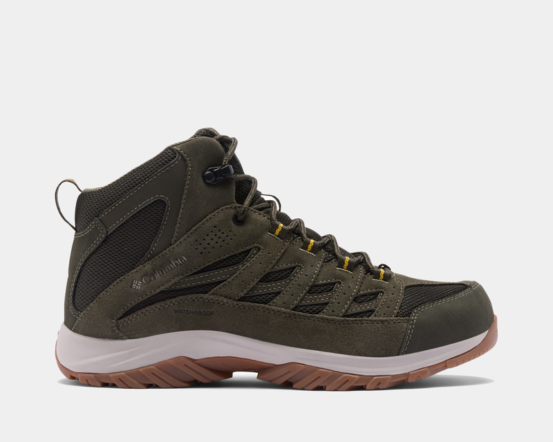 Columbia Crestwood Mid Waterproof hiking boots in olive green with suede and mesh upper, waterproof design, and brown rubber outsole, side view.