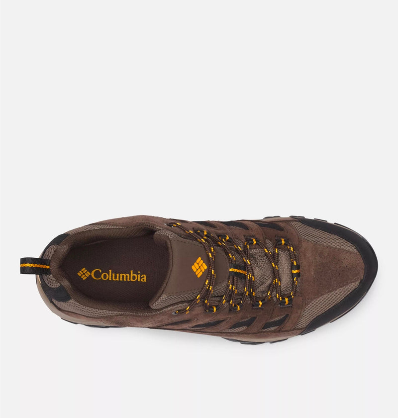 Columbia Crestwood Waterproof hiking shoe top view in brown with suede and mesh upper, yellow-accented laces, and padded insole.