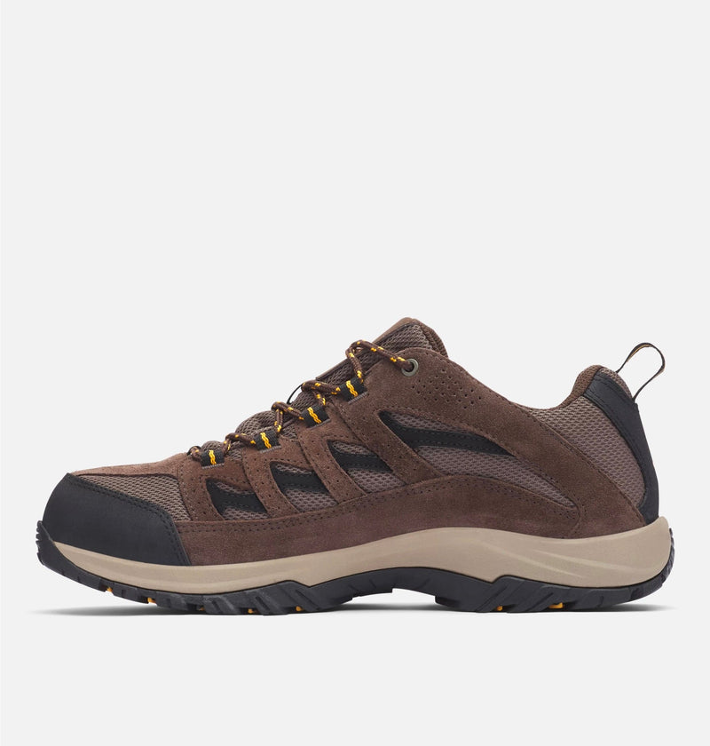 Columbia Crestwood Waterproof hiking shoes in dark brown suede and mesh with yellow accents and durable outsole, side view.