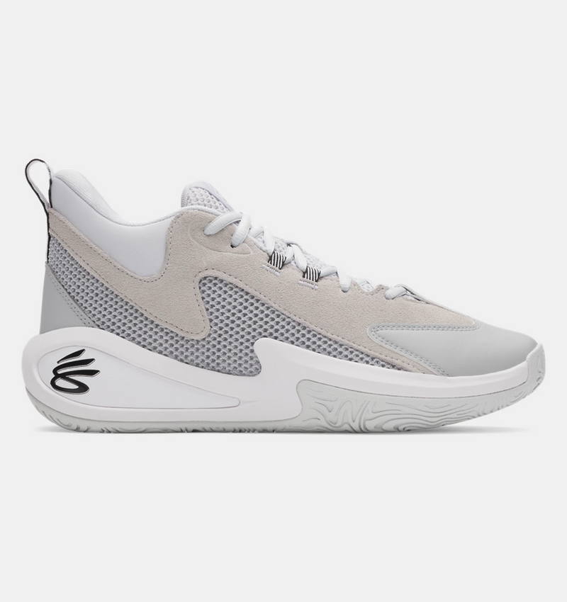 Under Armour Curry 3Z 25 SDE basketball shoes in gray and white with mesh panels, suede overlays, and black logo detail, side view.