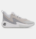 Under Armour Curry 3Z 25 SDE basketball shoes in gray and white with mesh panels, suede overlays, and black logo detail, side view.