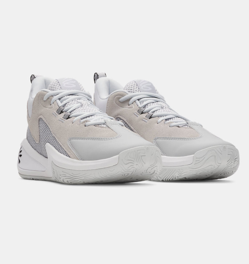 Under Armour Curry 3Z 25 SDE basketball shoes in light gray and white with mesh panels and textured midsoles, front angle view.