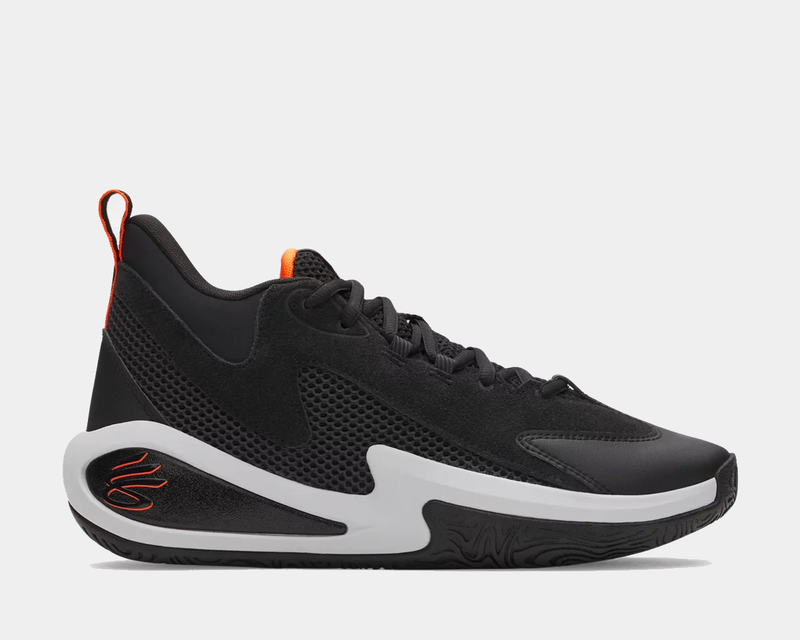 Under Armour Curry 3Z 25 SDE basketball shoes in black with orange accents, mesh panels, and a cushioned sole, side view.