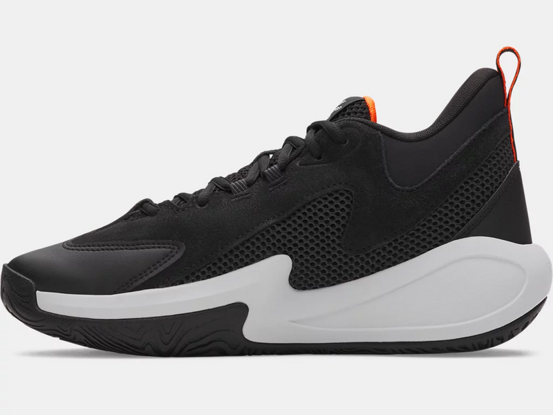 Under Armour Curry 3Z 25 SDE basketball shoes in black with mesh panels, suede overlays, orange pull tab, and white midsole, side view.